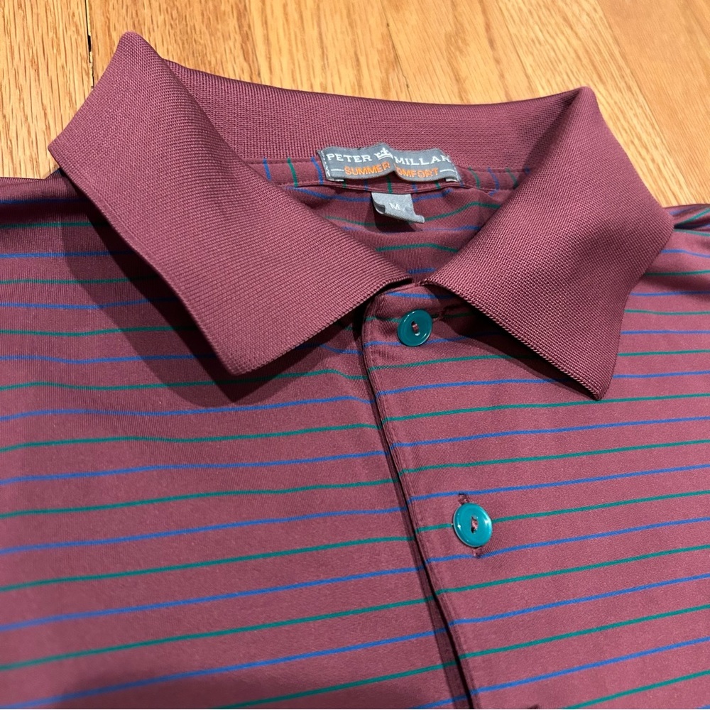 PETER MILLAR Summer Comfort Polo Golf Maroon Blue Green Striped Mens Medium